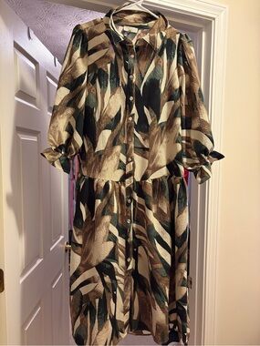 Chenault Button-Front Midi Dress in Green & Brown